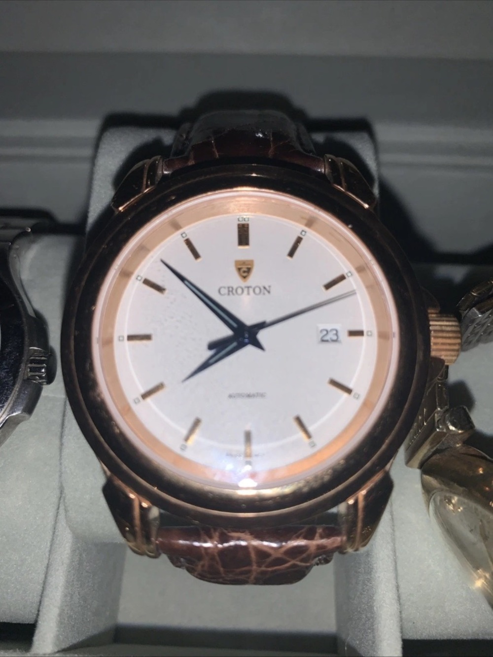 Croton Rose Gold Tone Watch with White Dial and Brown Leather Strap